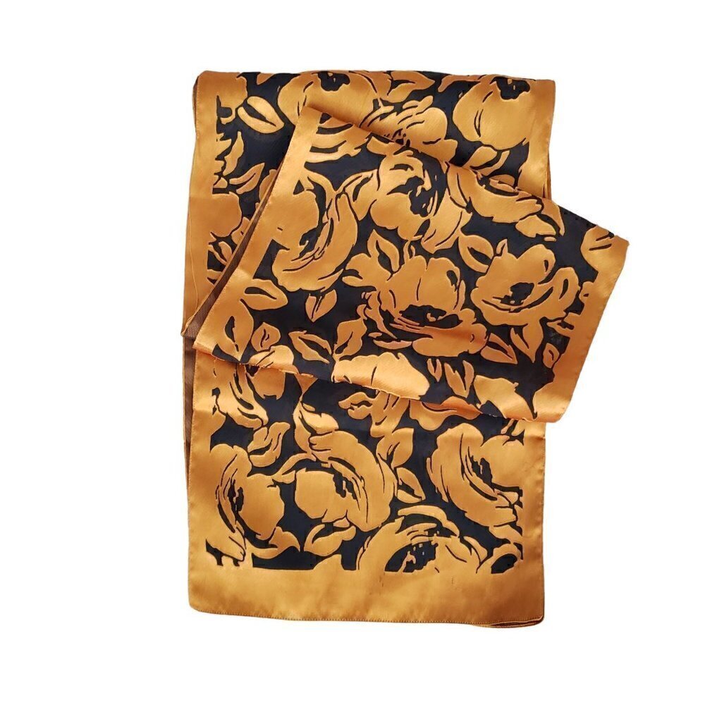Gorgeous Sheer Black & Gold Satin Florals Scarf